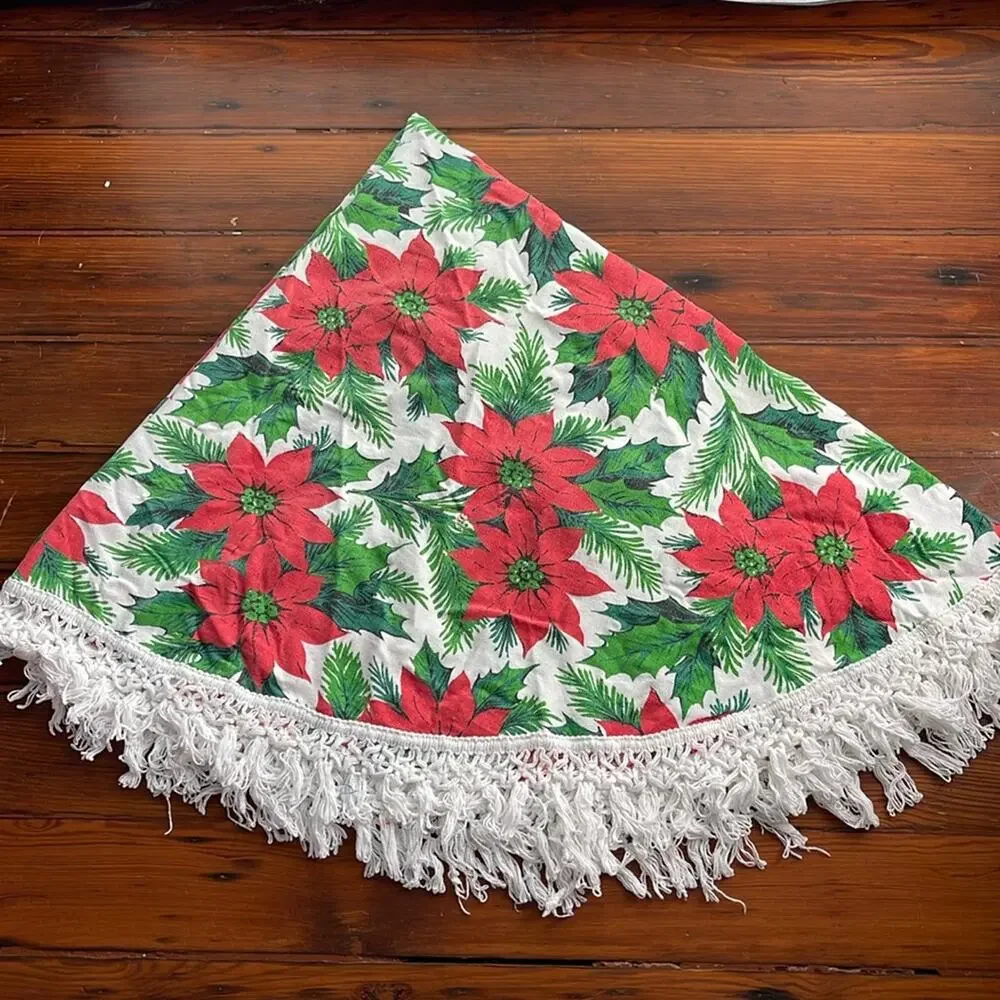 Vintage MCM Poinsettia print fringe hem oval Christmas holiday tablecloth